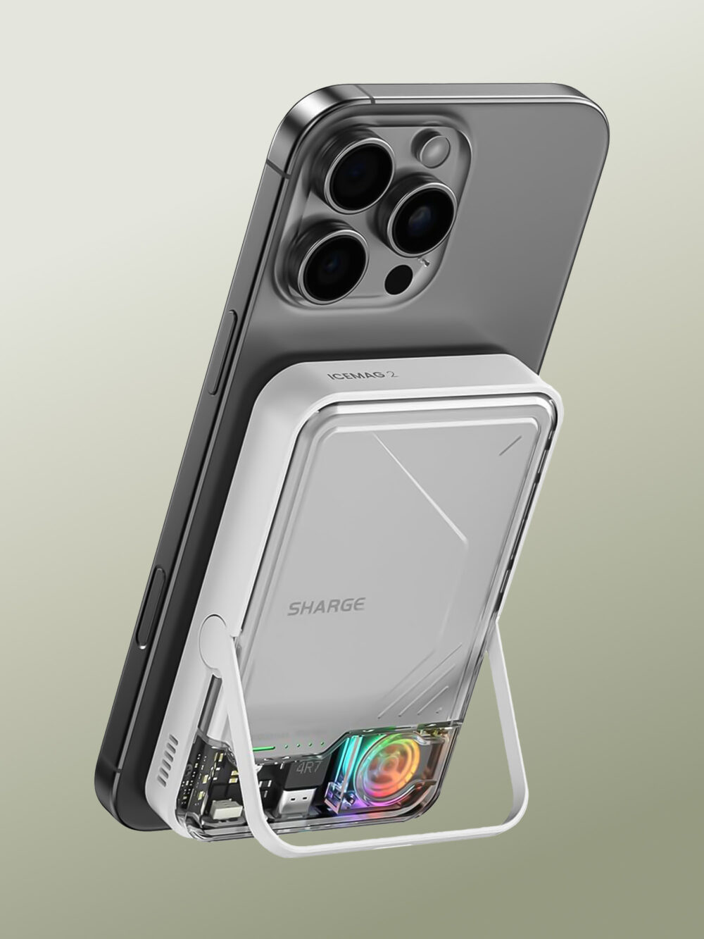 Sharge - Icemag 2 - PowerBank Magsafe Qi2 para iPhone 16 Pro Max, con Enfriamiento Activo, Carga Inalámbrica de 15W, Carga Rápida Tipo C de 30W, Capacidad de 10000 Mah y Soporte de Escritorio para Viajes en Avión Aprobado por la TSA