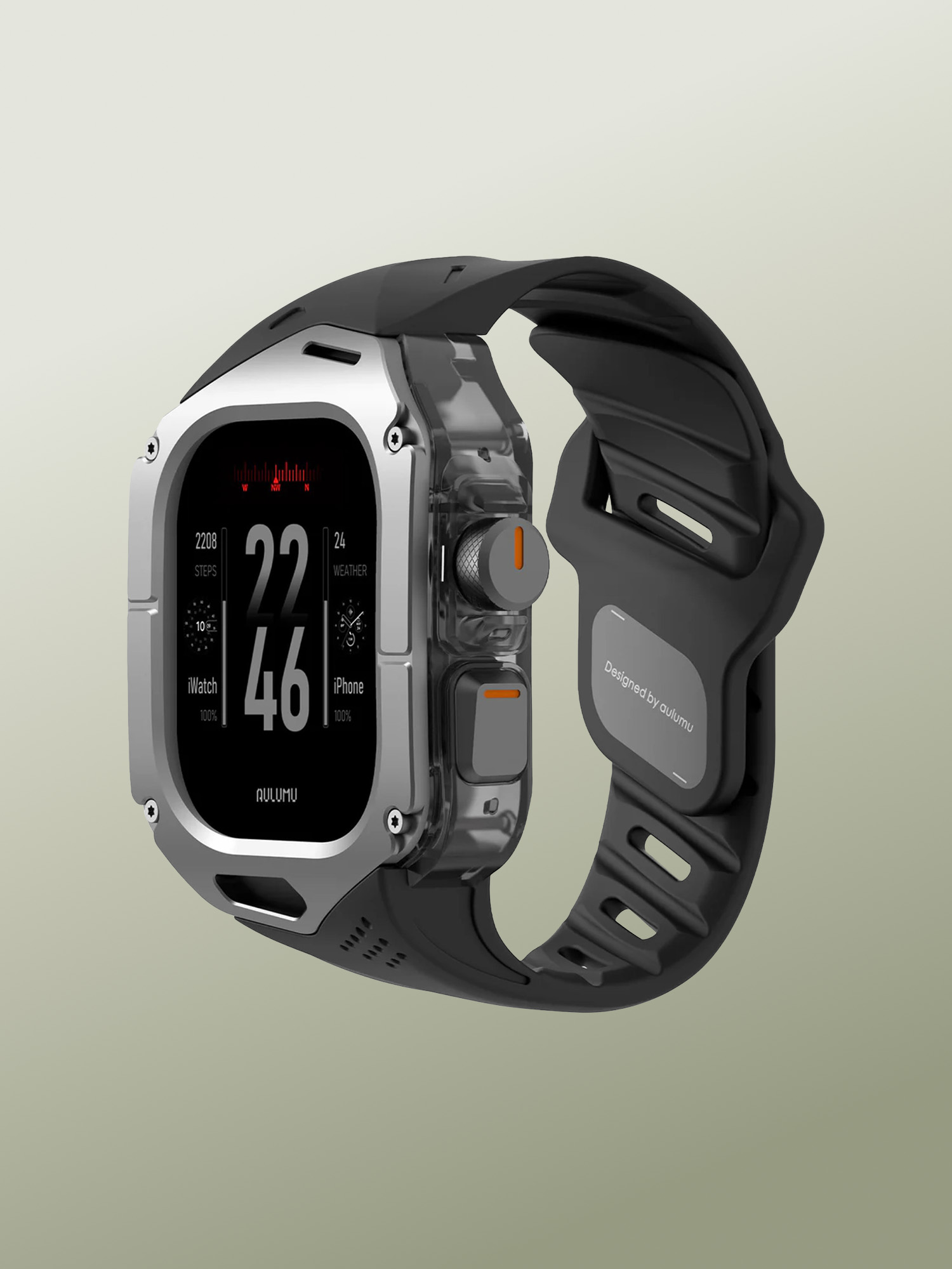 Aulumu - A01 Case with Band for Apple Watch Ultra - Titanium Cover - FKM Band - Funda Antigolpes Futurista en Titanio de Grado Aeroespacial Impermeable y Anticorrosiva con Correa de FKM Antitranspirante y Antiabrasiva, Protección en Aluminio de todos los botones, para Apple Watch Ultra 2
