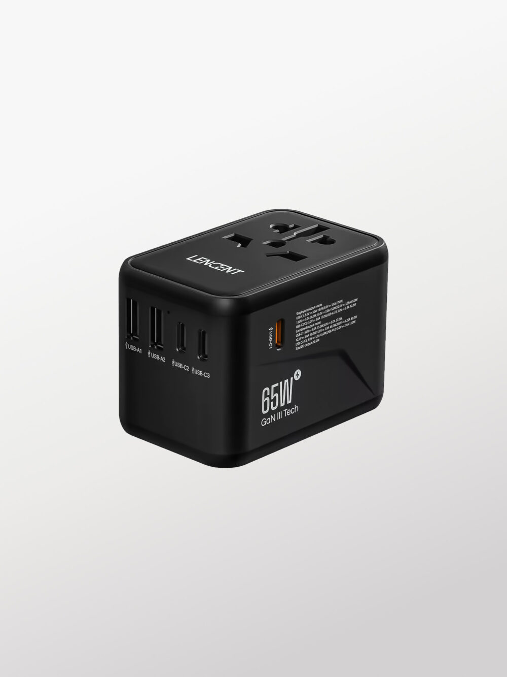 10 - Lencent - 636DV - Negro - Cargador Universal de Viaje con Carga Rapida Gan III de 65W, 3 Puertos Tipo C, 2 Puertos Tipo A, 4 Plugs (US, EU, UK, AU), 7 Capas de Protección para iPhone 17 Pro/Max