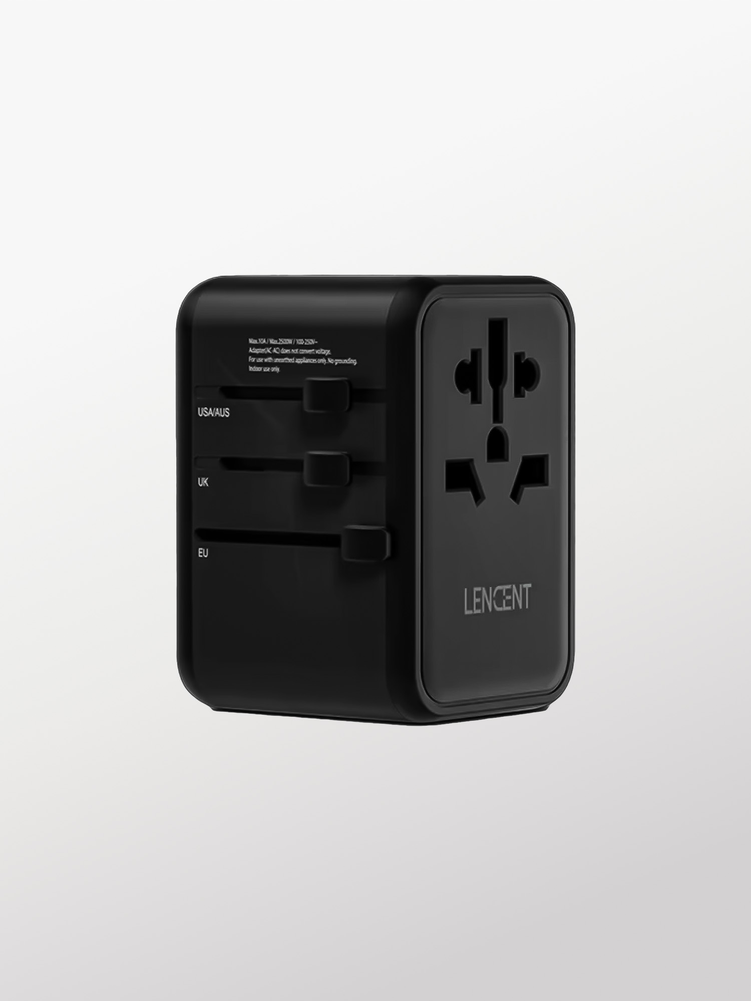 10 - Lencent - 636DV - Negro - Cargador Universal de Viaje con Carga Rapida Gan III de 65W, 3 Puertos Tipo C, 2 Puertos Tipo A, 4 Plugs (US, EU, UK, AU), 7 Capas de Protección para iPhone 17 Pro/Max