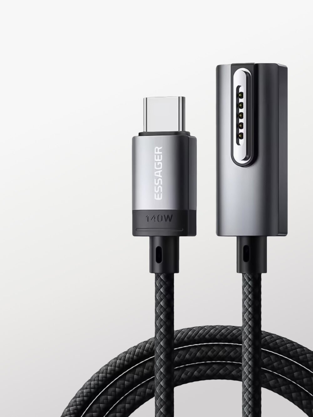 Essager - ES-X69 - Dark Gray - Cable Magsafe 3 de Carga Rápida PD de 140W con Indicador Led y Cabezal de 90 Grados para Macbook Pro 11/13 M5