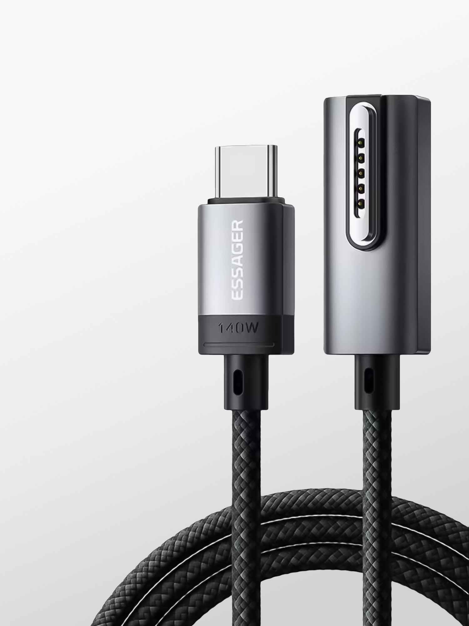 Essager - ES-X69 - Dark Gray - Cable Magsafe 3 de Carga Rápida PD de 140W con Indicador Led y Cabezal de 90 Grados para Macbook Pro 11/13 M5