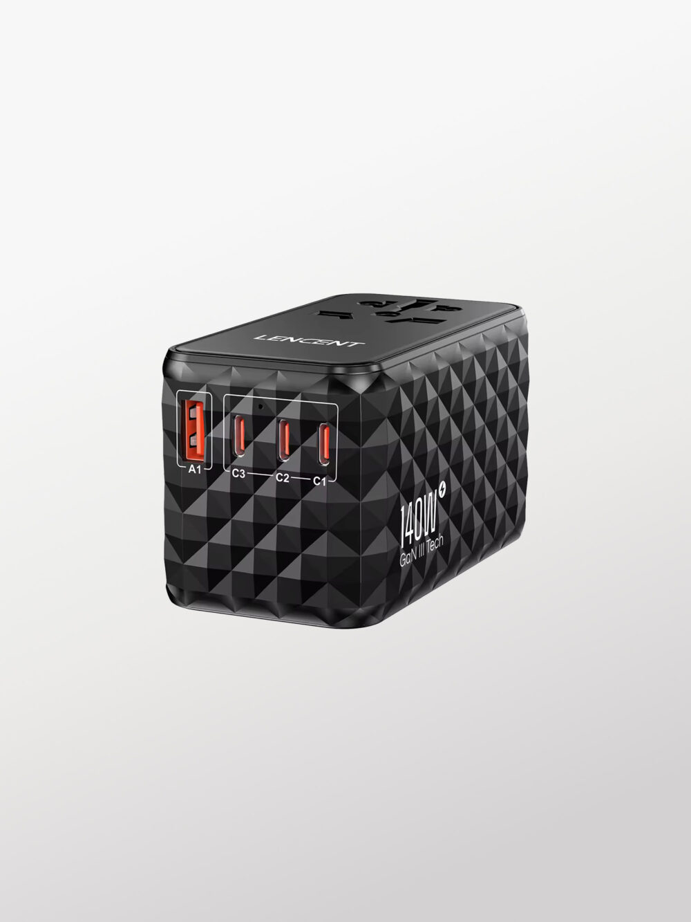 Lencent - PA055B-140W - Black - Cargador Universal de Viaje con Carga Rapida Gan III de 140W, 3 Puertos Tipo C, 1 Puertos Tipo A, 4 Plugs (US, EU, UK, AU), 7 Capas de Protección para Macbook Pro 14/16 M5