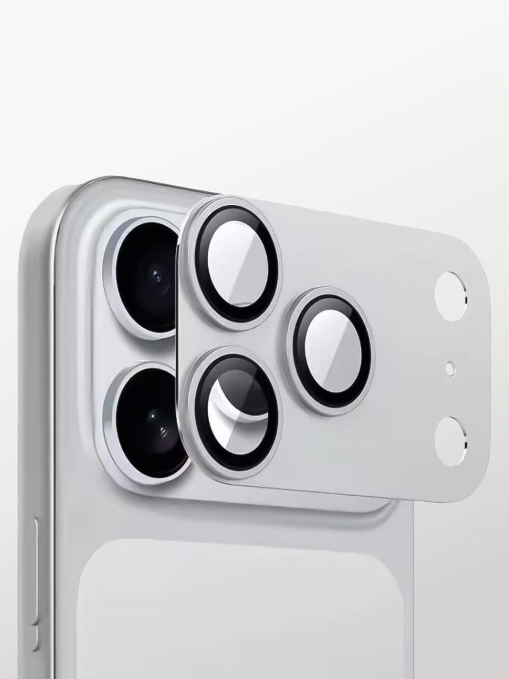 Protector 360 Metálico Plateado del Modulo de la Camara y Protección de los Lentes con Bordes Metálicos y Vidrio Templado Antidistorciones, Antirreflejo y Antigolpes de Grado Militar con Adhesivo Impermeable 3M para iPhone 17 Pro/Max