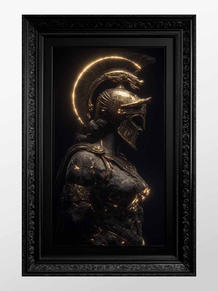 Museum Grade Wall Art Print - Bust of Athena: Volcanic Rock Reborn with Luminous Kintsugi Gold Fissures - Guardian of Strategic Wisdom