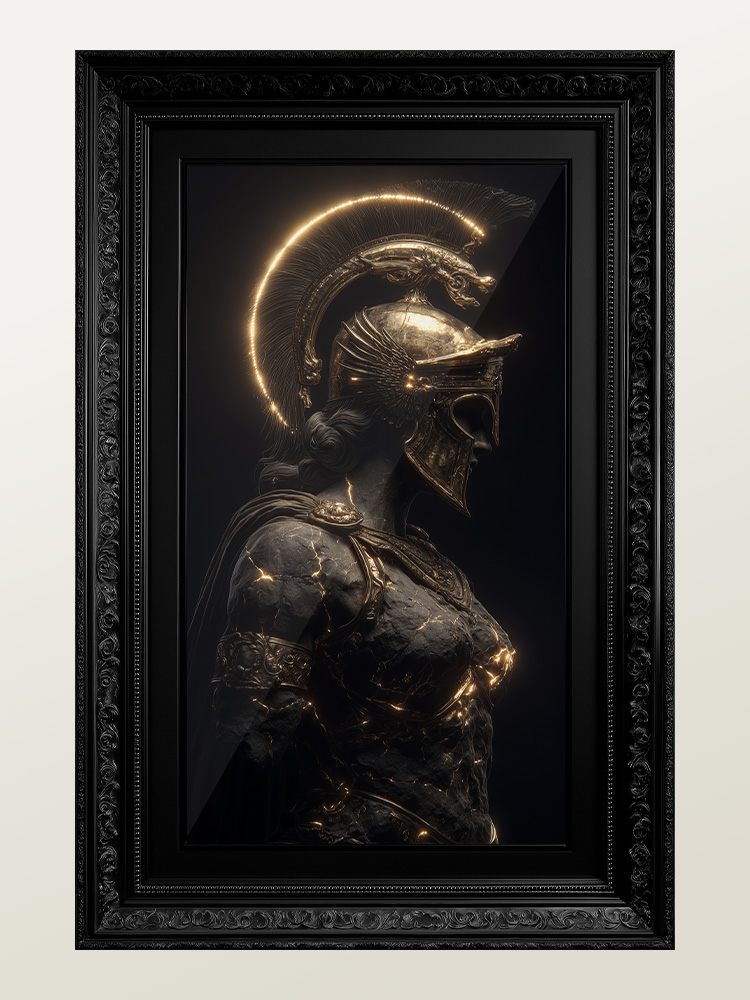 Museum Grade Wall Art Print - Statue Bust of Athena: Volcanic Rock Reborn with Luminous Kintsugi Gold Fissures - Guardian of Strategic Wisdom