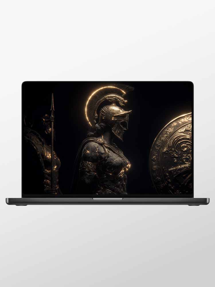 Bust of Athena: Volcanic Rock Reborn with Luminous Kintsugi Gold Fissures - Guardian of Strategic Wisdom - Wallpaper for Macbook Pro 16 M5