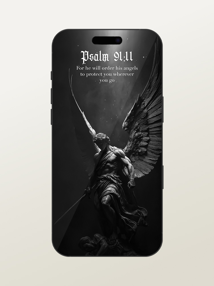 Wallpaper for iPhone 17 Pro/Max - Dark Archangel Michael Over the Devil, Black and White Marble Sculpture with Christian Bible Quote for Protection