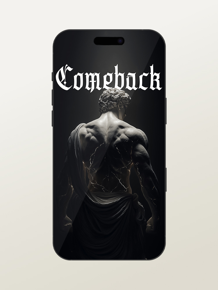 Wallpaper for iPhone 17 Pro/Max - Motivational & Inspirational - Comeback Gym Quote - Greek & Roman Mythology God Hercules - White Marble Statue