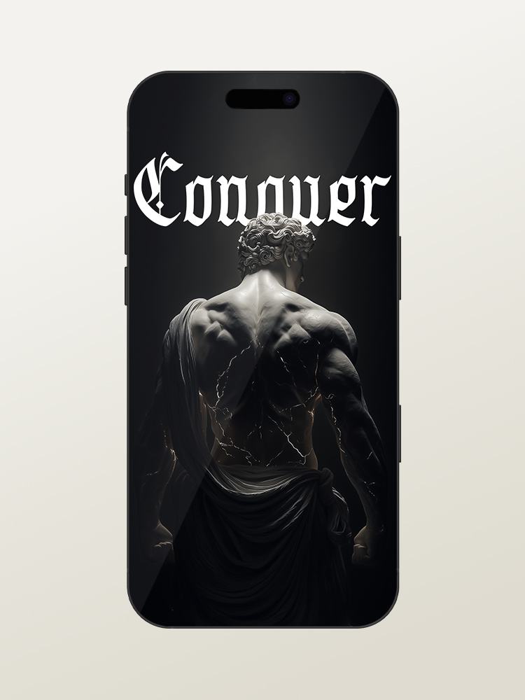 Wallpaper for iPhone 17 Pro/Max - Motivational & Inspirational - Conquer Gym Quote - Greek & Roman Mythology God Hercules - White Marble Statue