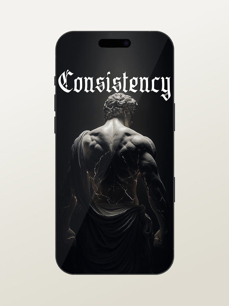 Wallpaper for iPhone 17 Pro/Max - Motivational & Inspirational - Consistency Gym Quote - Greek & Roman Mythology God Hercules - White Marble Statue