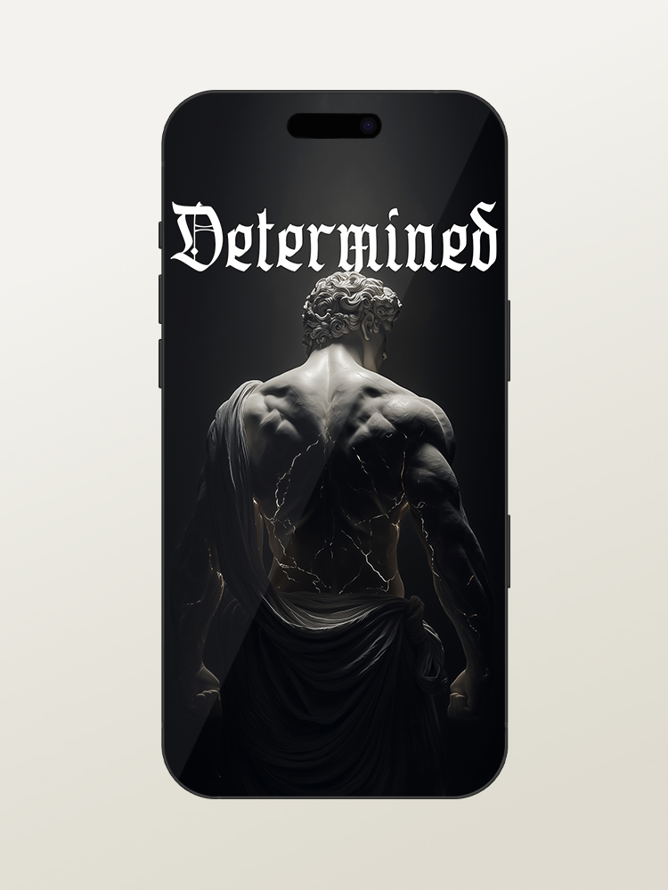 Wallpaper for iPhone 17 Pro/Max - Motivational & Inspirational - Determined Gym Quote - Greek & Roman Mythology God Hercules - White Marble Statue