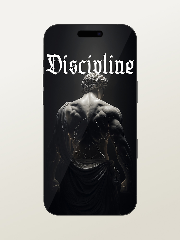 Wallpaper for iPhone 17 Pro/Max - Motivational & Inspirational - Discipline Gym Quote - Greek & Roman Mythology God Hercules - White Marble Statue