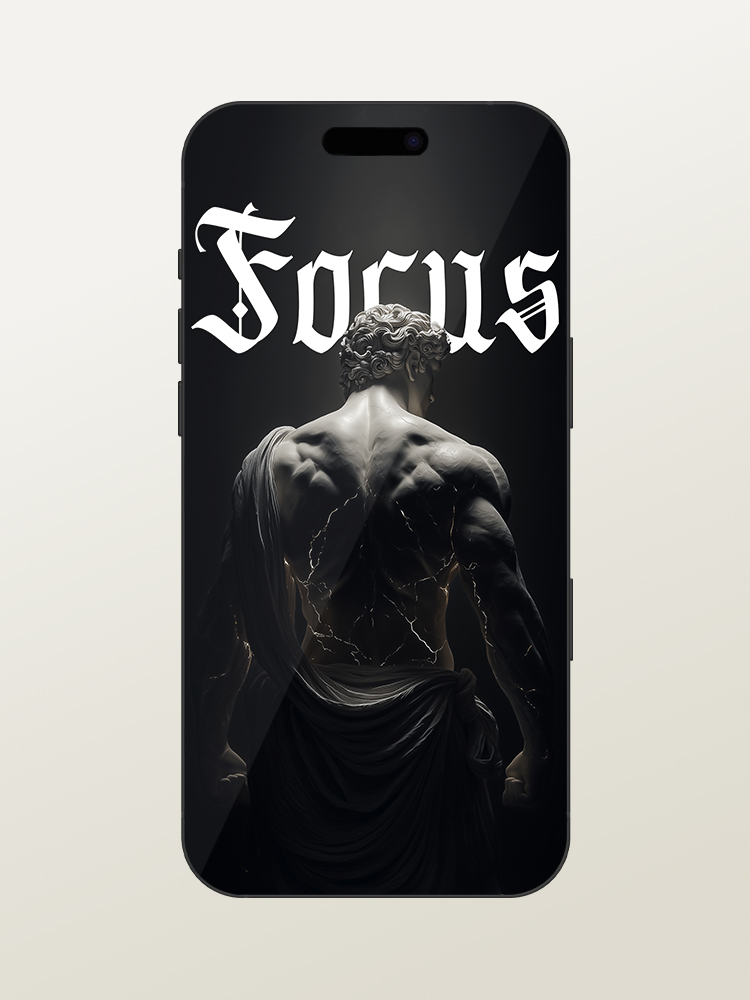 Wallpaper for iPhone 17 Pro/Max - Motivational & Inspirational - Focus Gym Quote - Greek & Roman Mythology God Hercules - White Marble Statue