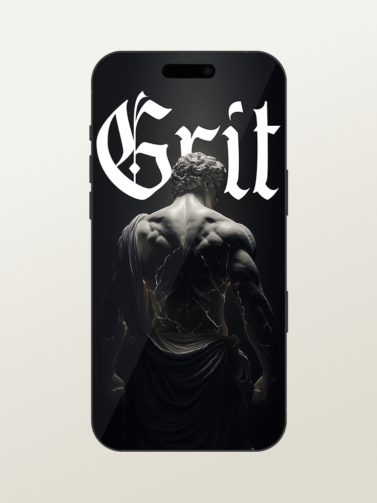 Wallpaper for iPhone 17 Pro/Max - Motivational & Inspirational - Grit Gym Quote - Greek & Roman Mythology God Hercules - White Marble Statue