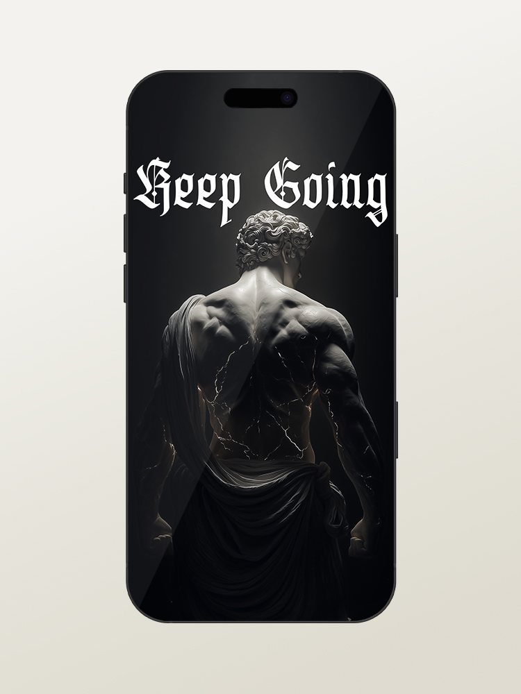 Wallpaper for iPhone 17 Pro/Max - Motivational & Inspirational - Keep Going Gym Quote - Greek & Roman Mythology God Hercules - White Marble Statue