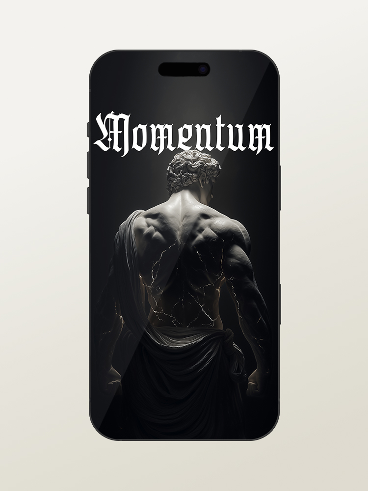 Wallpaper for iPhone 17 Pro/Max - Motivational & Inspirational - Momentum Gym Quote - Greek & Roman Mythology God Hercules - White Marble Statue