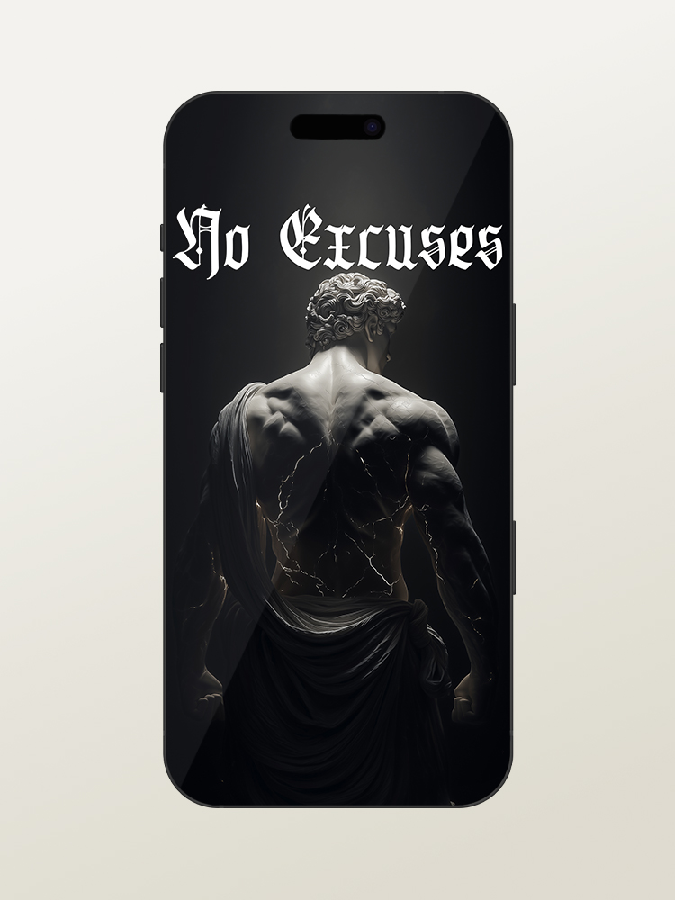 Wallpaper for iPhone 17 Pro/Max - Motivational & Inspirational - No Excuses Gym Quote - Greek & Roman Mythology God Hercules - White Marble Statue