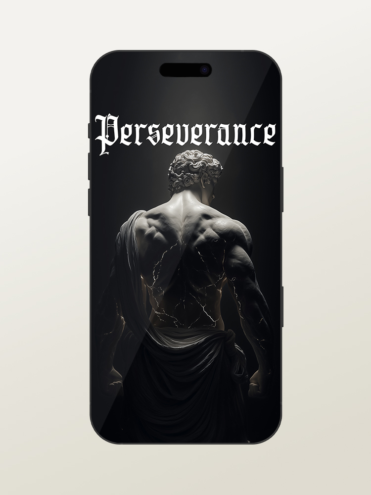 Wallpaper for iPhone 17 Pro/Max - Motivational & Inspirational - Perseverance Gym Quote - Greek & Roman Mythology God Hercules - White Marble Statue
