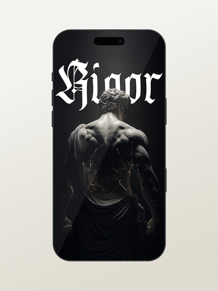 Wallpaper for iPhone 17 Pro/Max - Motivational & Inspirational - Rigor Gym Quote - Greek & Roman Mythology God Hercules - White Marble Statue