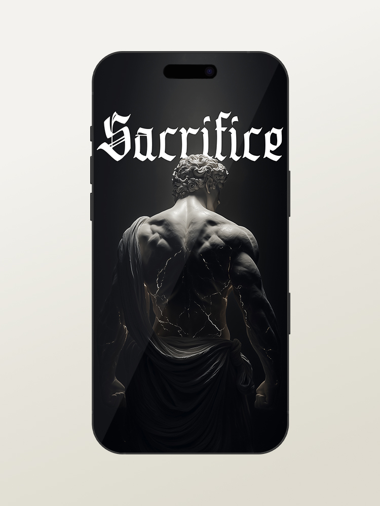 Wallpaper for iPhone 17 Pro/Max - Motivational & Inspirational - Sacrifice Gym Quote - Greek & Roman Mythology God Hercules - White Marble Statue