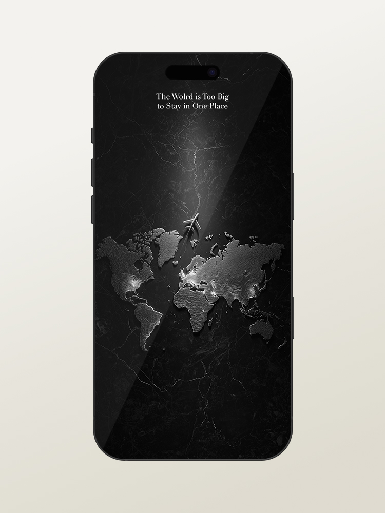 Travel Quote with an Airplane Flying Over the Dark Globe on a Black-and-White Marble World Map Wallpaper for iPhone 17 Pro Max